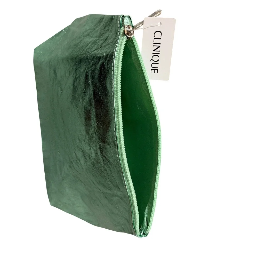 Clinique Green Metallic Textured Cosmetic Bag Pouch Clutch Zipper Easter Basket‎